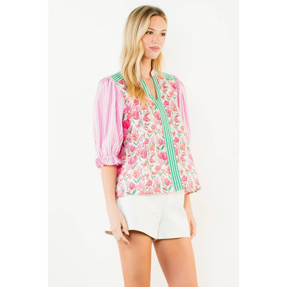 Short Sleeve Mixed Media V-Neck Top