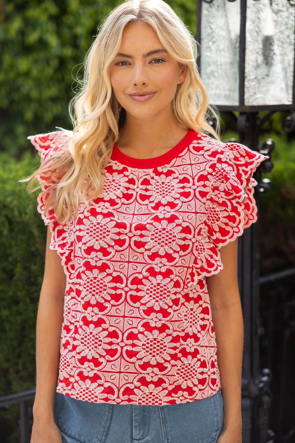 36693 Scallop Ruffle Detail Floral Embroidered Top
