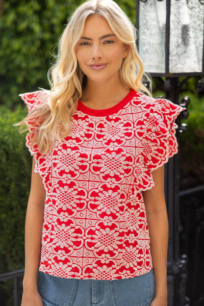 36693 Scallop Ruffle Detail Floral Embroidered Top