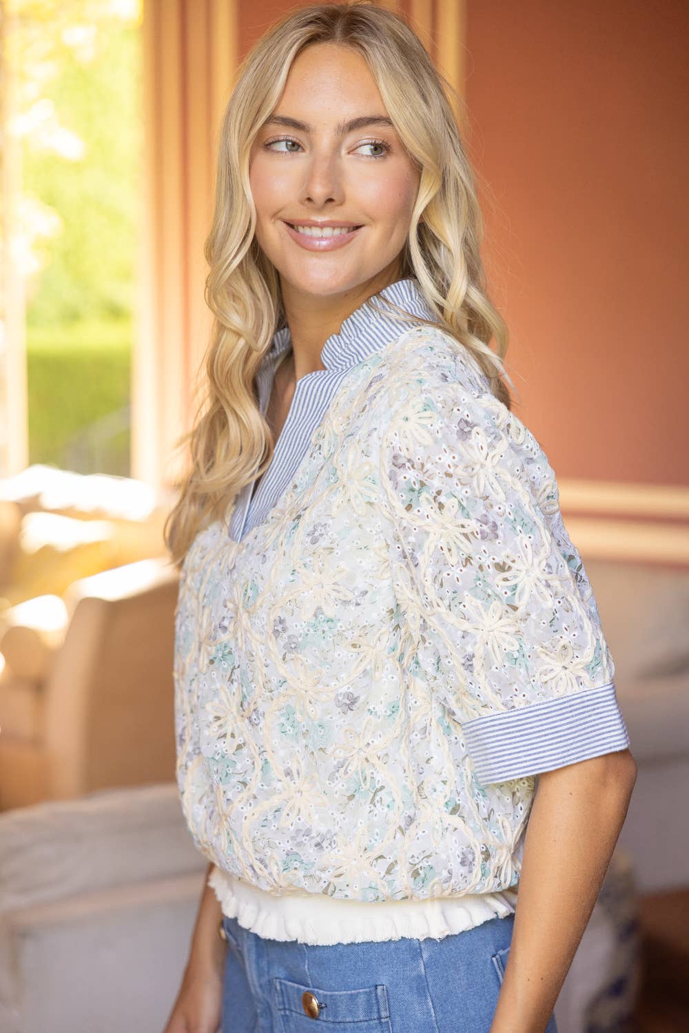 36755 Stripe Contrast Detail Floral Embroidered Top