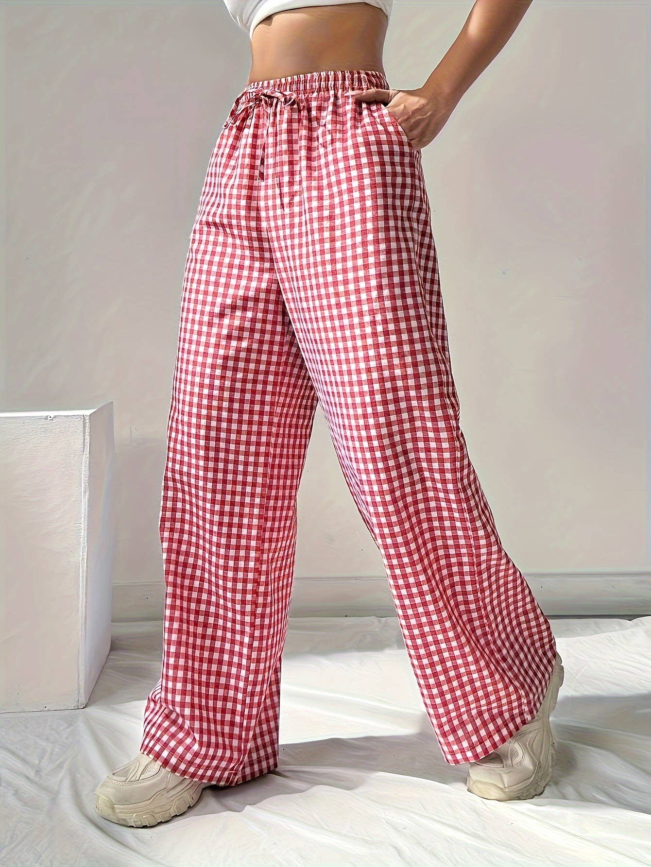 Red Gingham Wide Leg Pants