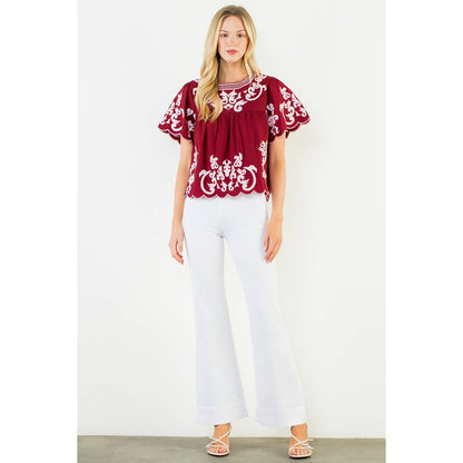 Flutter Sleeve Embroidery Detail Top