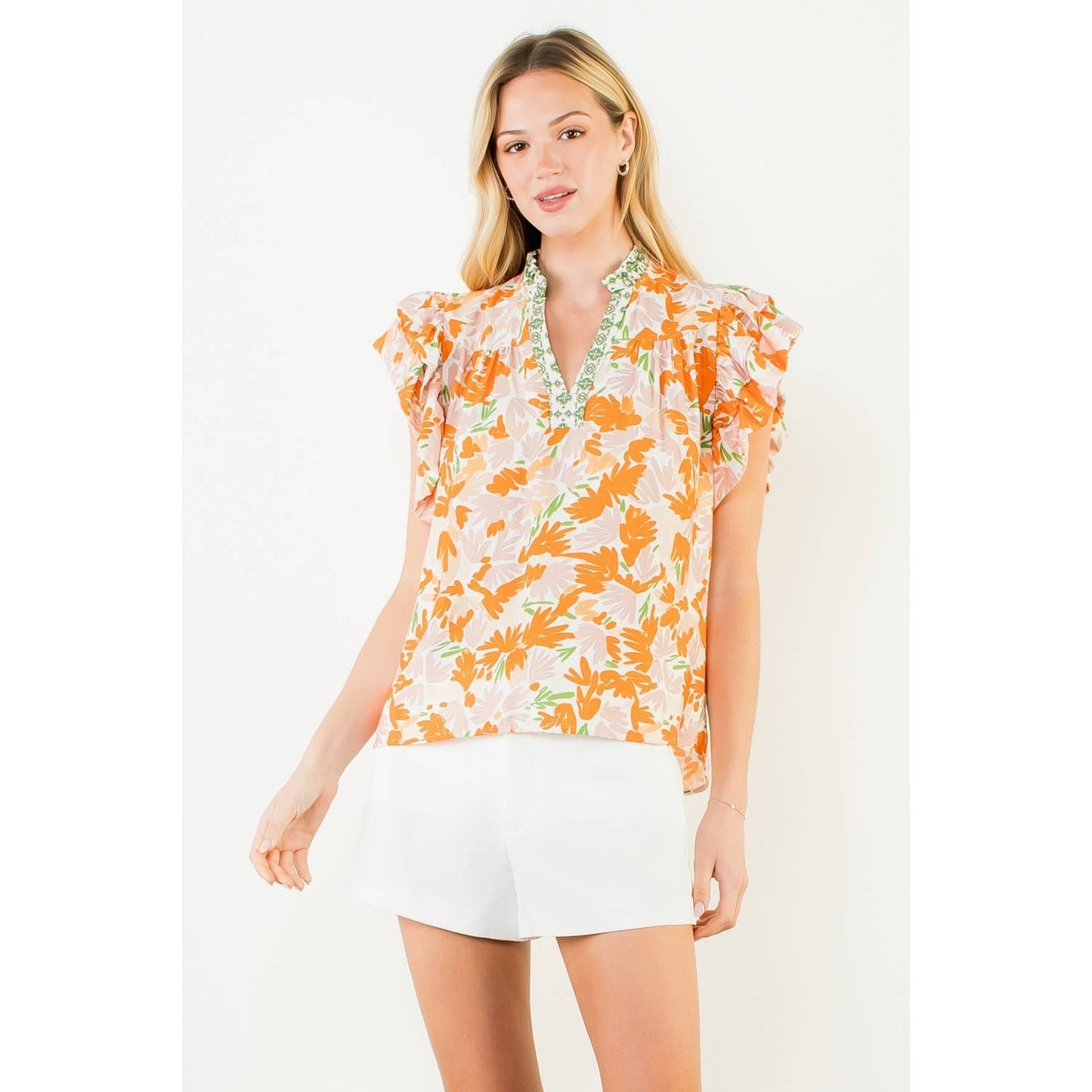 Flowy Sleeve Floral Print V-Neck Top