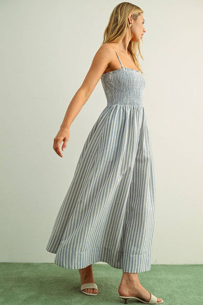 STRIPED FABRIC WITH SMOCKING TOP MAXI DRESS