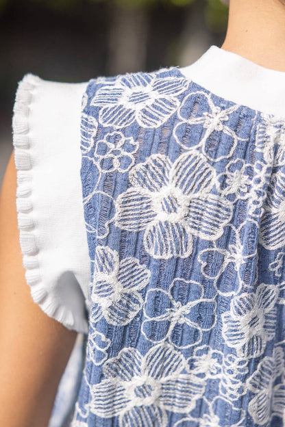Ribbed Band Detailed Floral Embroidered Knit Top