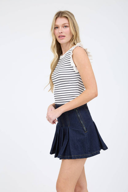 STRIPE RUFFLE TRIM SLEEVELESS PULLOVER SWEATER