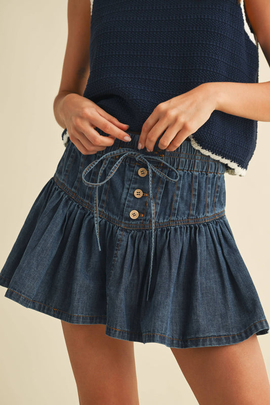 DENIM FLARED RUFFLE MINI SKIRT
