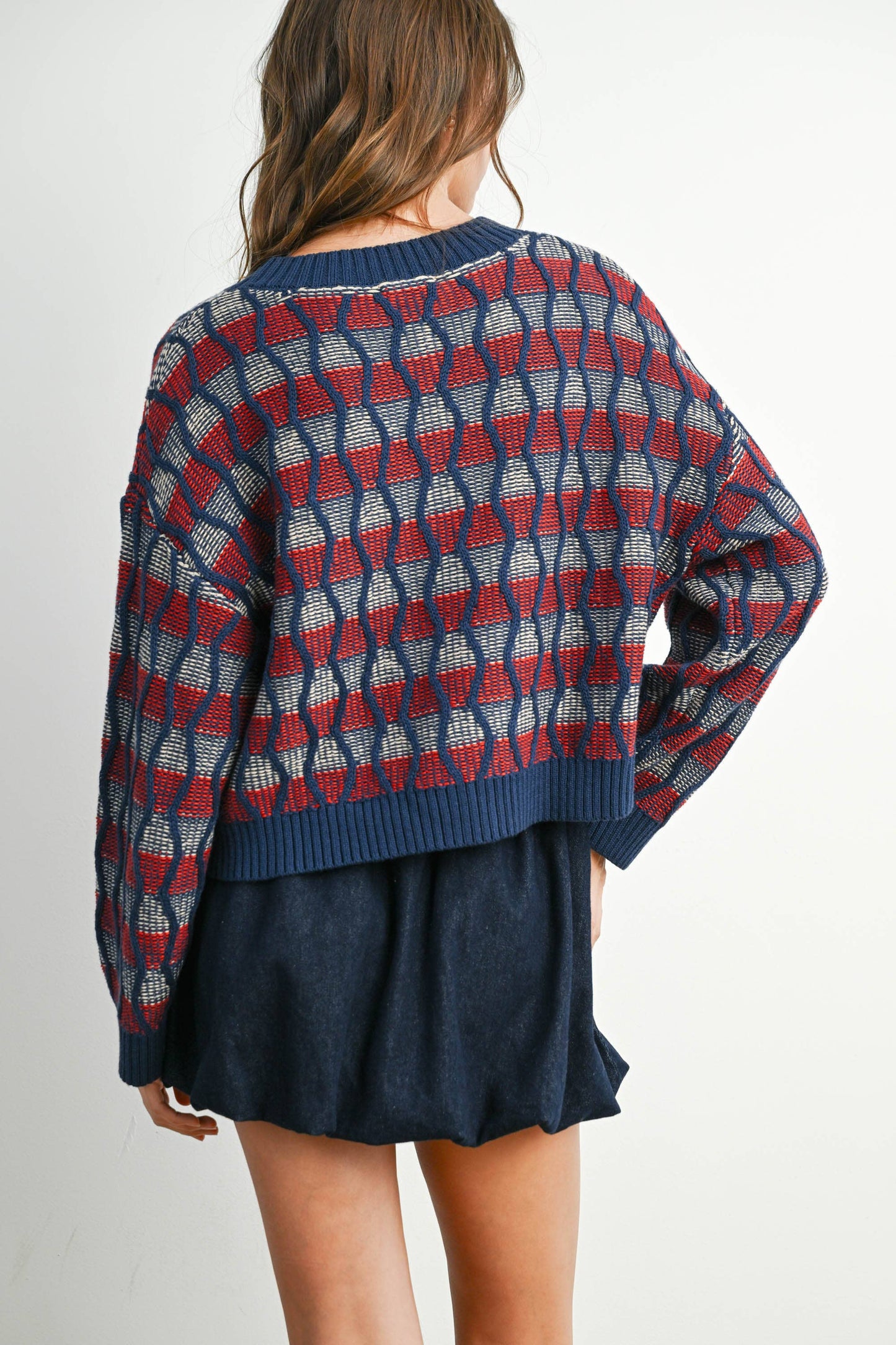 Geometric V-Neck Button-Down Long Sleeve Top