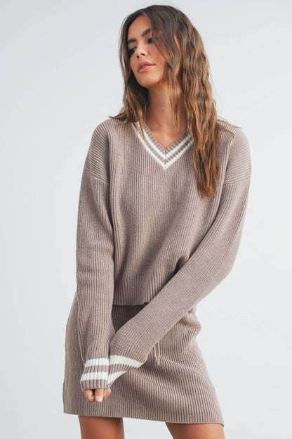 Striped V-Neck and Sleeve Sweater