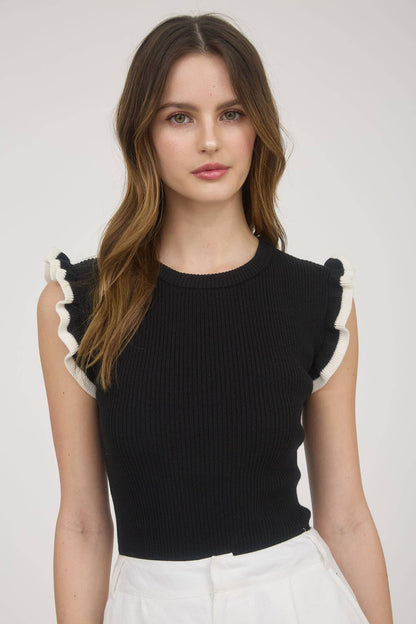 CONTRAST RUFFLE SLEEVE SWEATER KNIT TOP