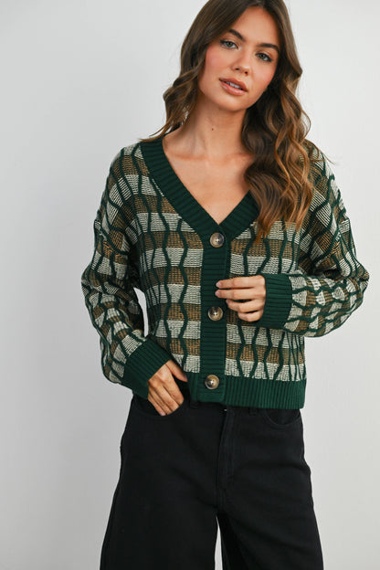 Geometric V-Neck Button-Down Long Sleeve Top