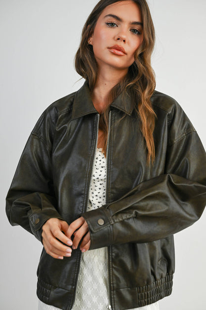 Collared Zip-Front Leather Jacket