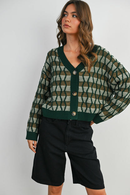 Geometric V-Neck Button-Down Long Sleeve Top