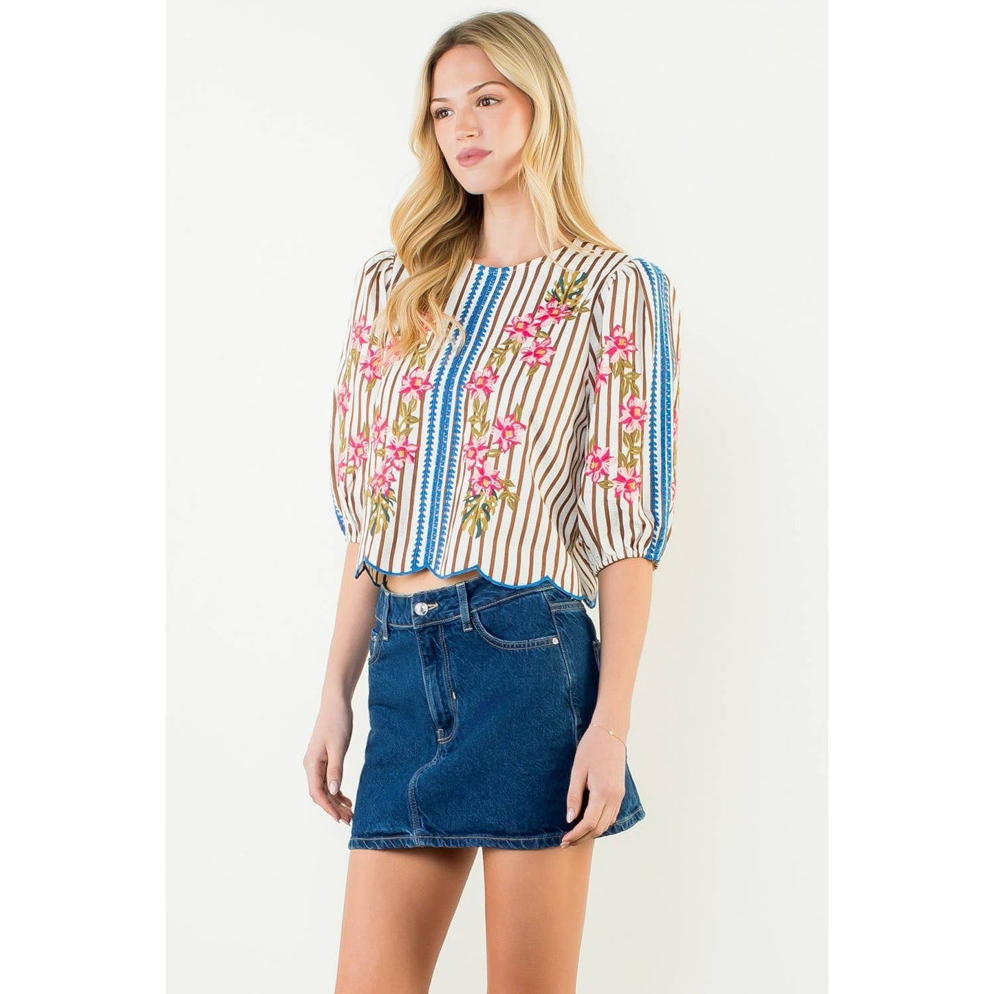 Puff Sleeve Striped Embroidery Detail Top