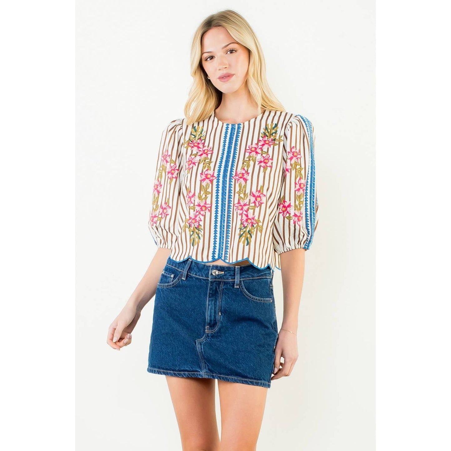 Puff Sleeve Striped Embroidery Detail Top