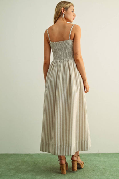 STRIPED FABRIC WITH SMOCKING TOP MAXI DRESS