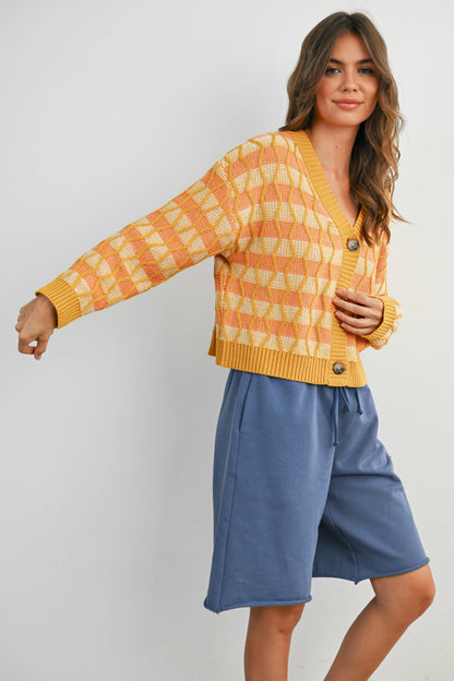 Geometric V-Neck Button-Down Long Sleeve Top