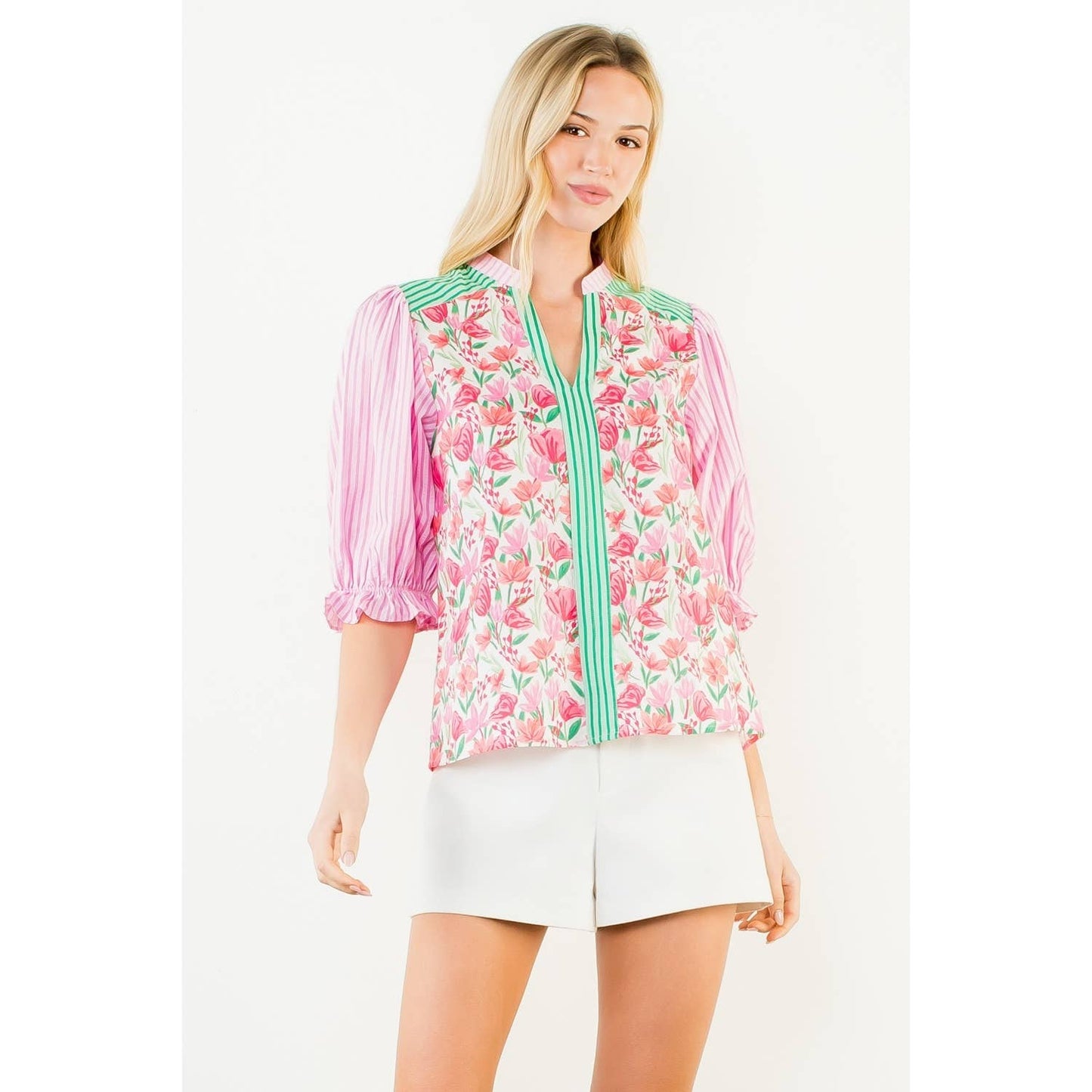 Short Sleeve Mixed Media V-Neck Top