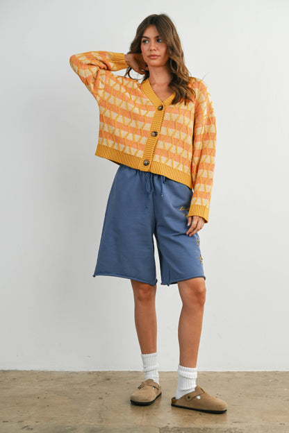 Geometric V-Neck Button-Down Long Sleeve Top