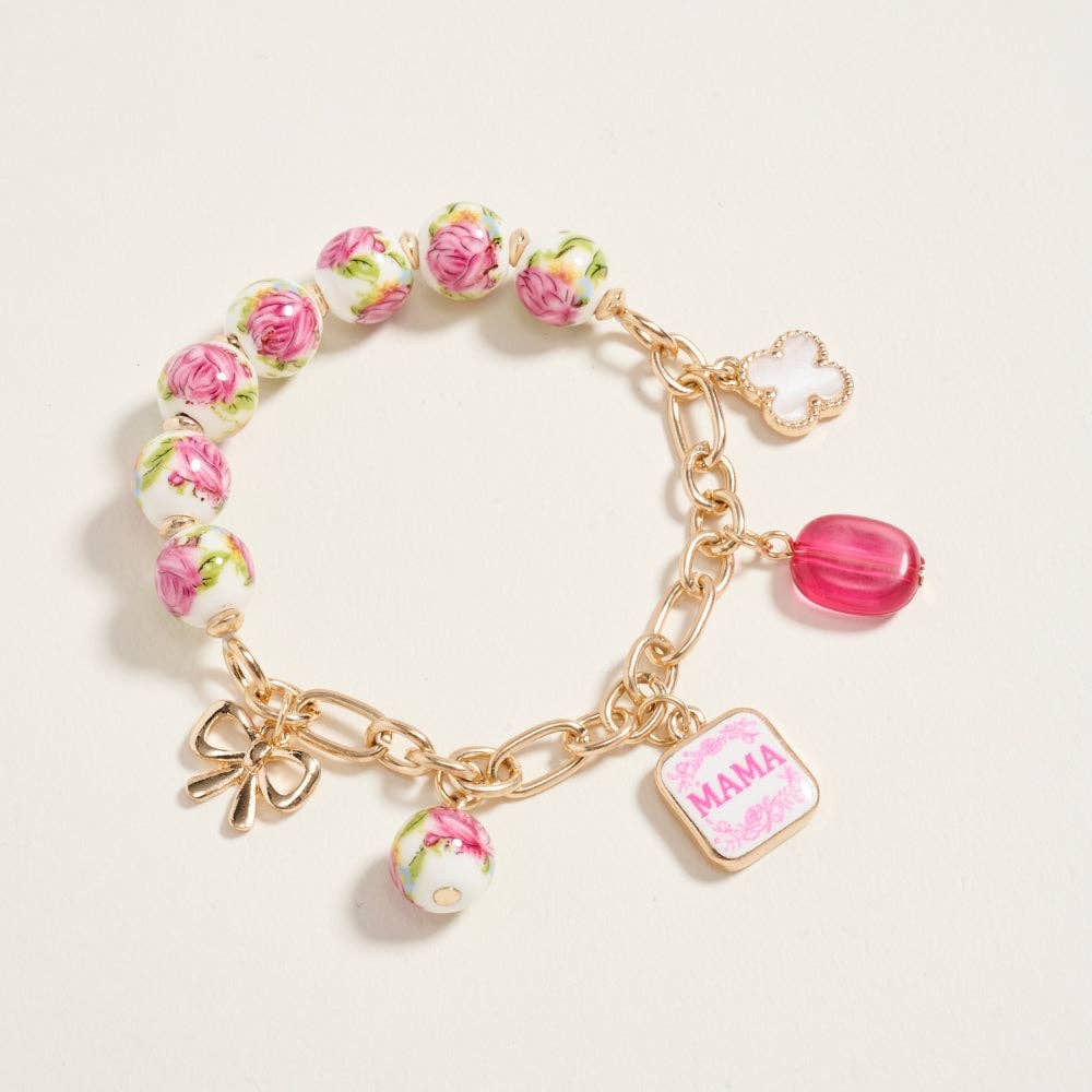 7.25 Inch Ceramic Floral Bead Mama Charm Bracelet