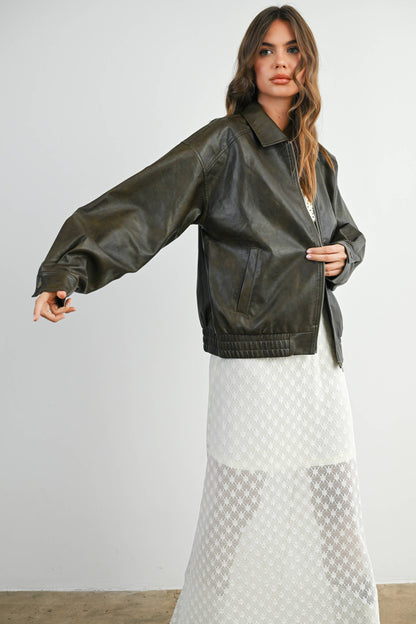 Collared Zip-Front Leather Jacket
