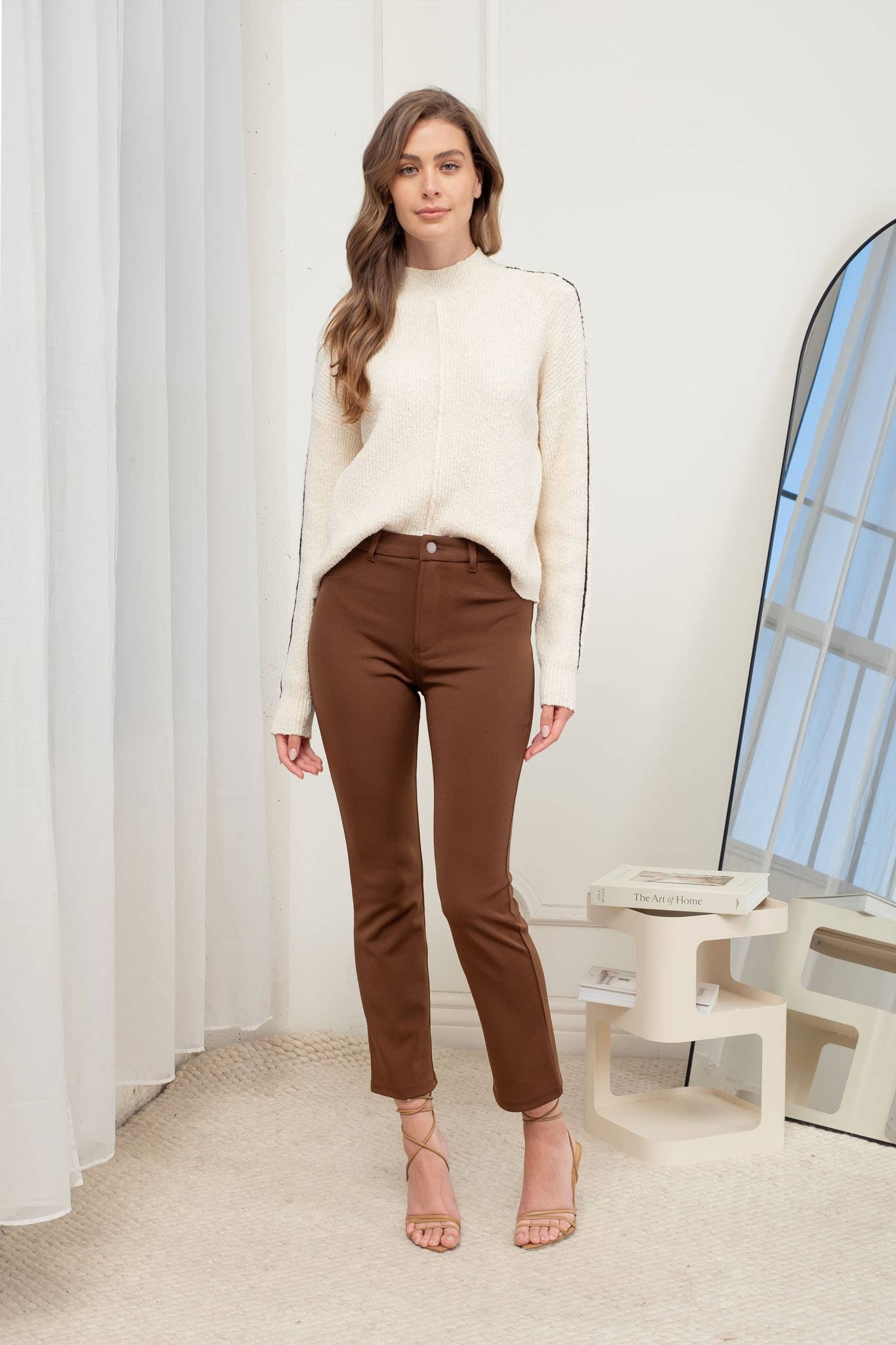 MOCK NECK CONTRAST SEAM SWEATER KNIT PULLOVER