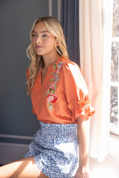 Floral Embroidery Elastic Ruffled Half Sleeve Top