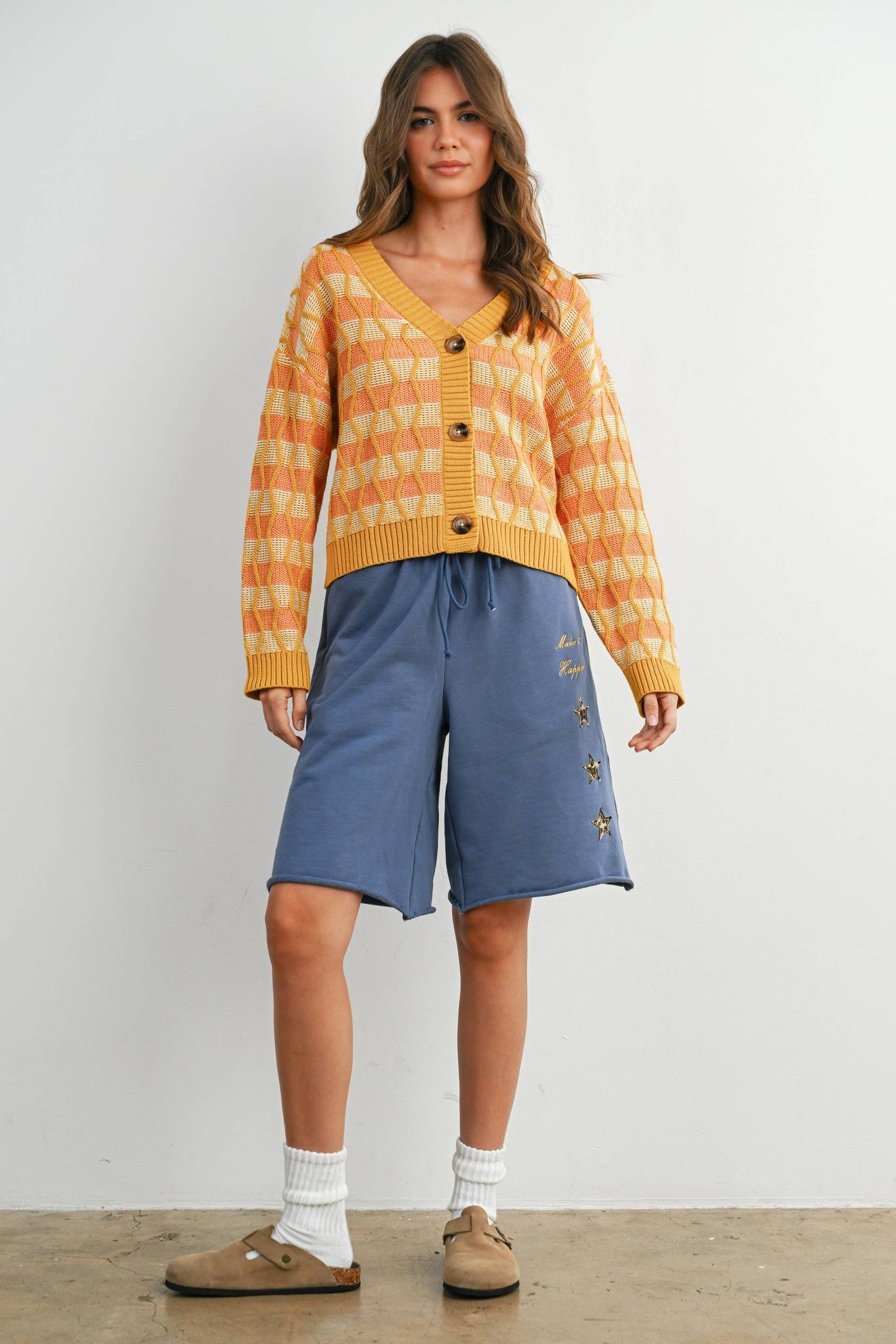 Geometric V-Neck Button-Down Long Sleeve Top