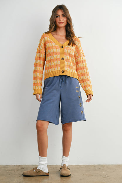 Geometric V-Neck Button-Down Long Sleeve Top