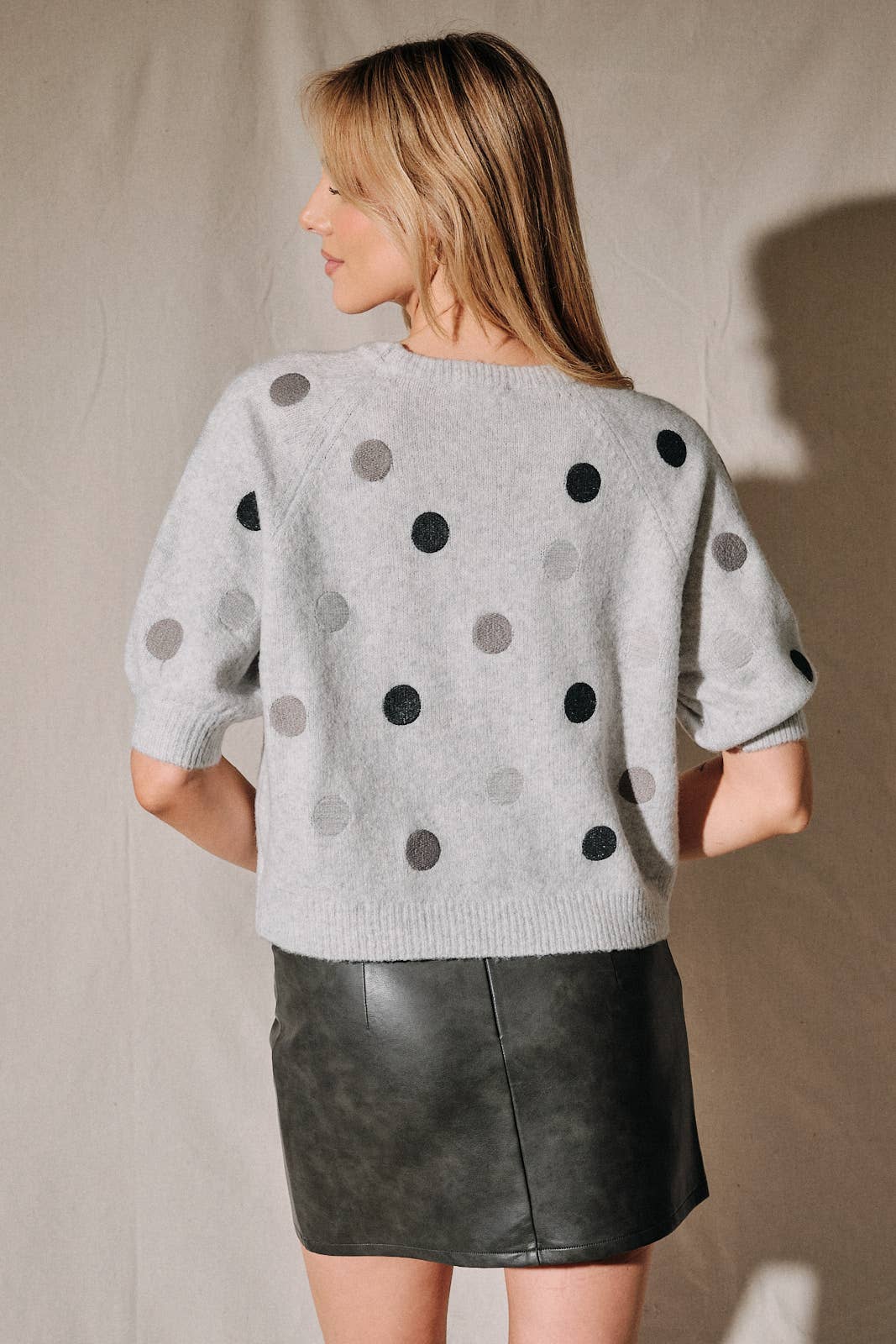 Fuzzy Polka Dot Raglan Short Sleeve Knit Sweater