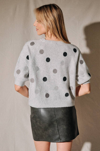 Fuzzy Polka Dot Raglan Short Sleeve Knit Sweater