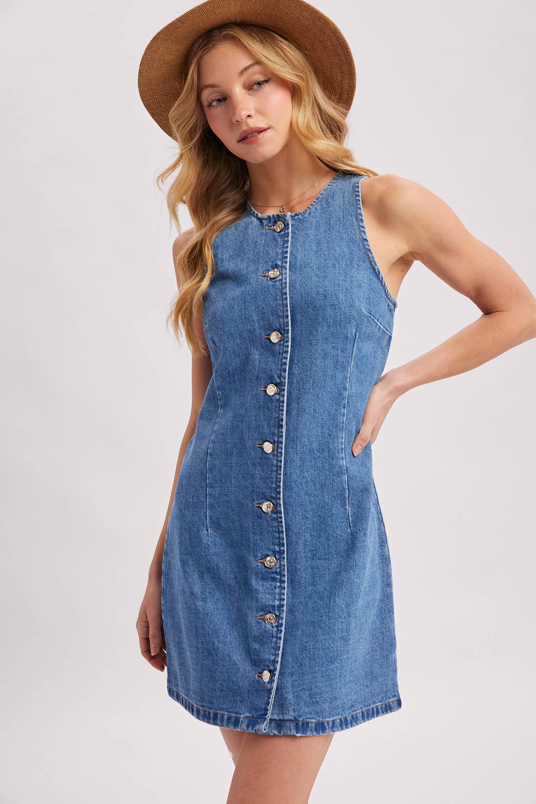 DENIM BUTTON DOWN SLEEVELESS MINI DRESS