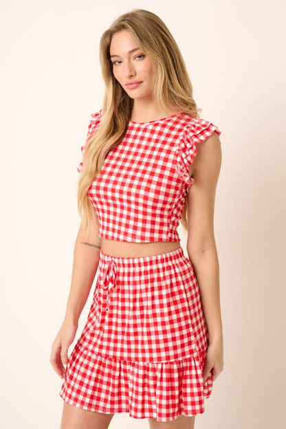 GINGHAM RUFFLE DETAIL CROP TOP