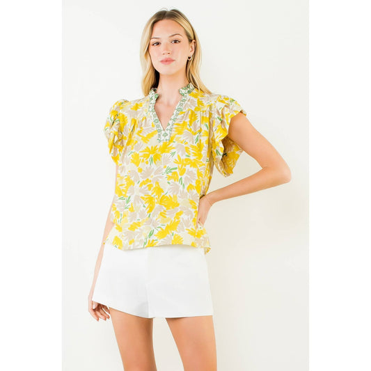 Flowy Sleeve Floral Print V-Neck Top