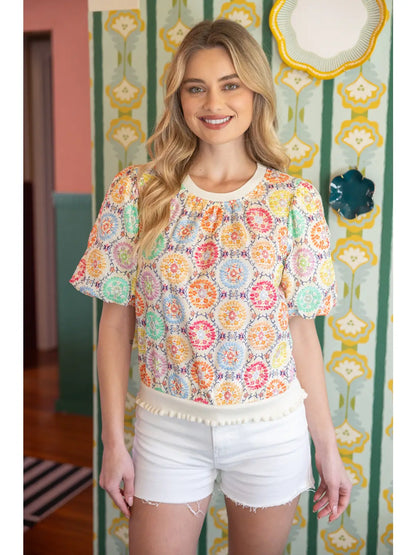 Floral Embroidered Print Bubble Sleeve Top