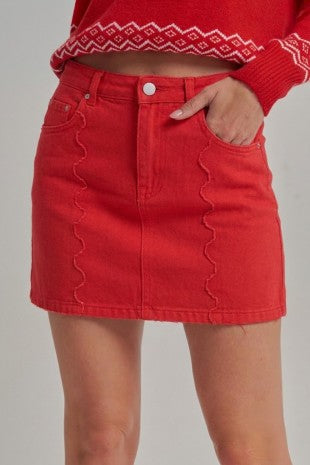 Game Day Scallop Edge Seamed Color Denim Mini Skirt