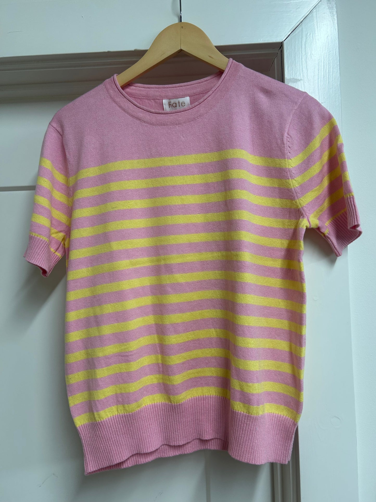 Stripe Pattern Cashmere Blend Short SLV Sweater - PINK YELLOW