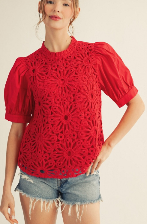 Front Crochet Lace Contrast Solid Top