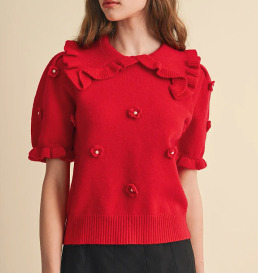 Floral and Pearl Applique Ruffled Sweater