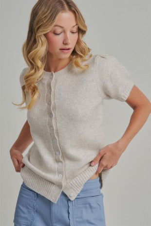 Short Sleeve Relaxed Fit Cardigan With Puff Sleeves