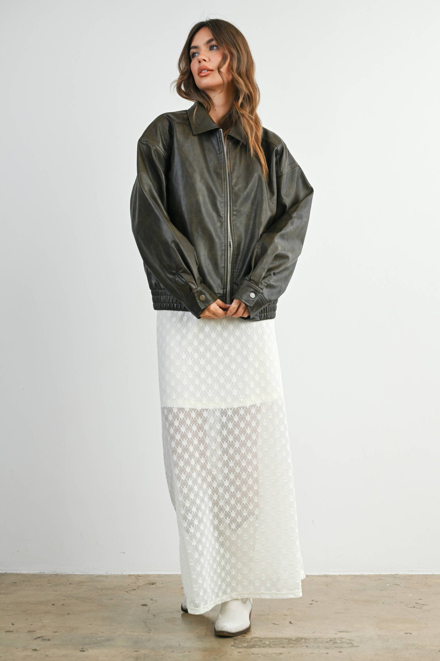 Collared Zip-Front Leather Jacket