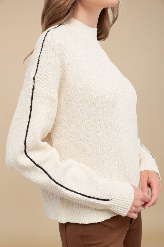 MOCK NECK CONTRAST SEAM SWEATER KNIT PULLOVER