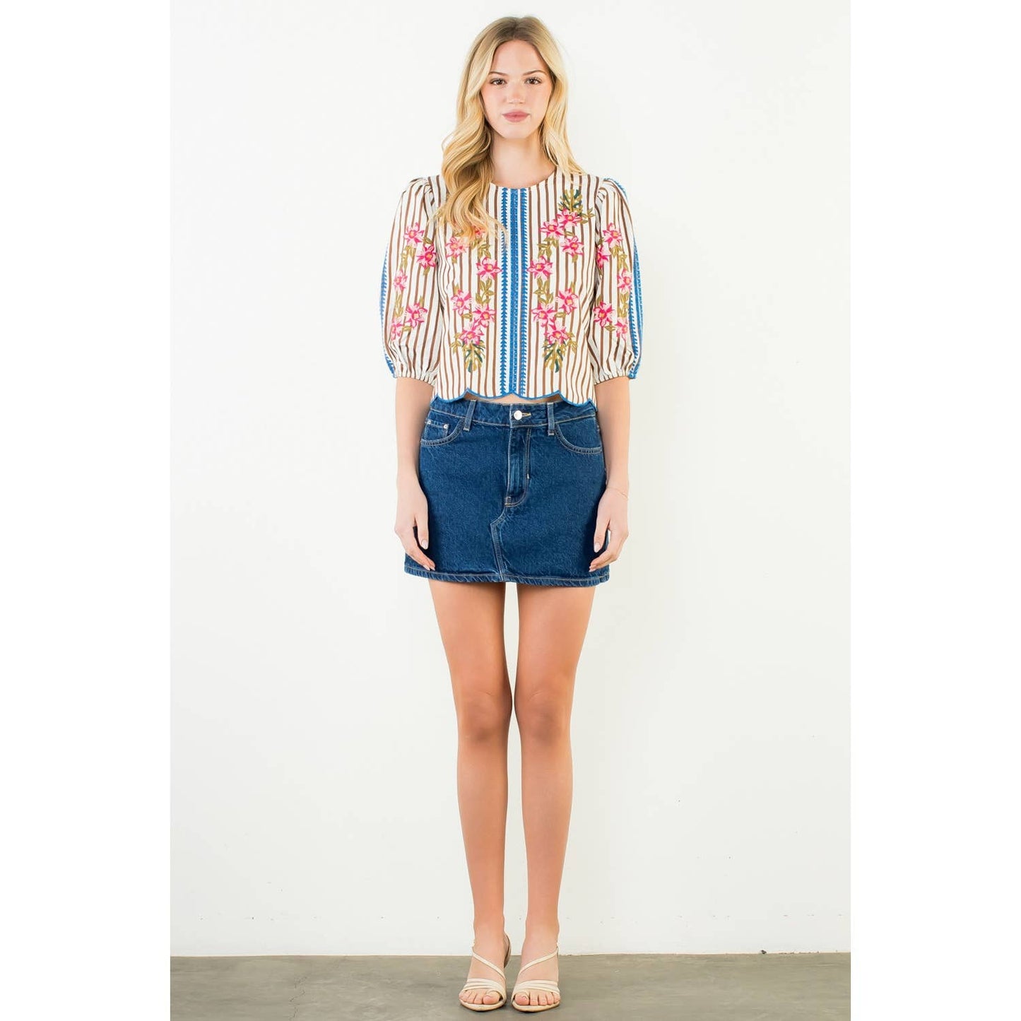 Puff Sleeve Striped Embroidery Detail Top