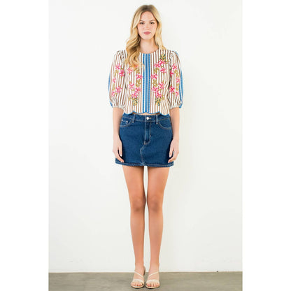 Puff Sleeve Striped Embroidery Detail Top