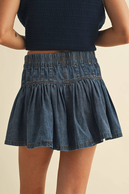 DENIM FLARED RUFFLE MINI SKIRT