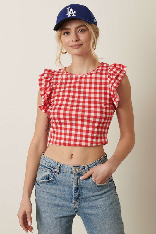 GINGHAM RUFFLE DETAIL CROP TOP