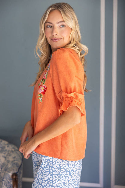 Floral Embroidery Elastic Ruffled Half Sleeve Top