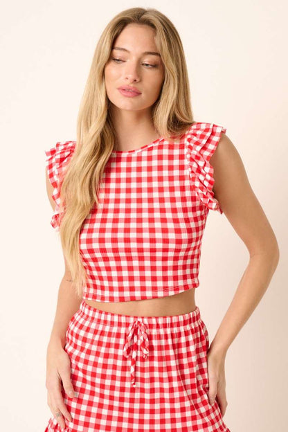 GINGHAM RUFFLE DETAIL CROP TOP