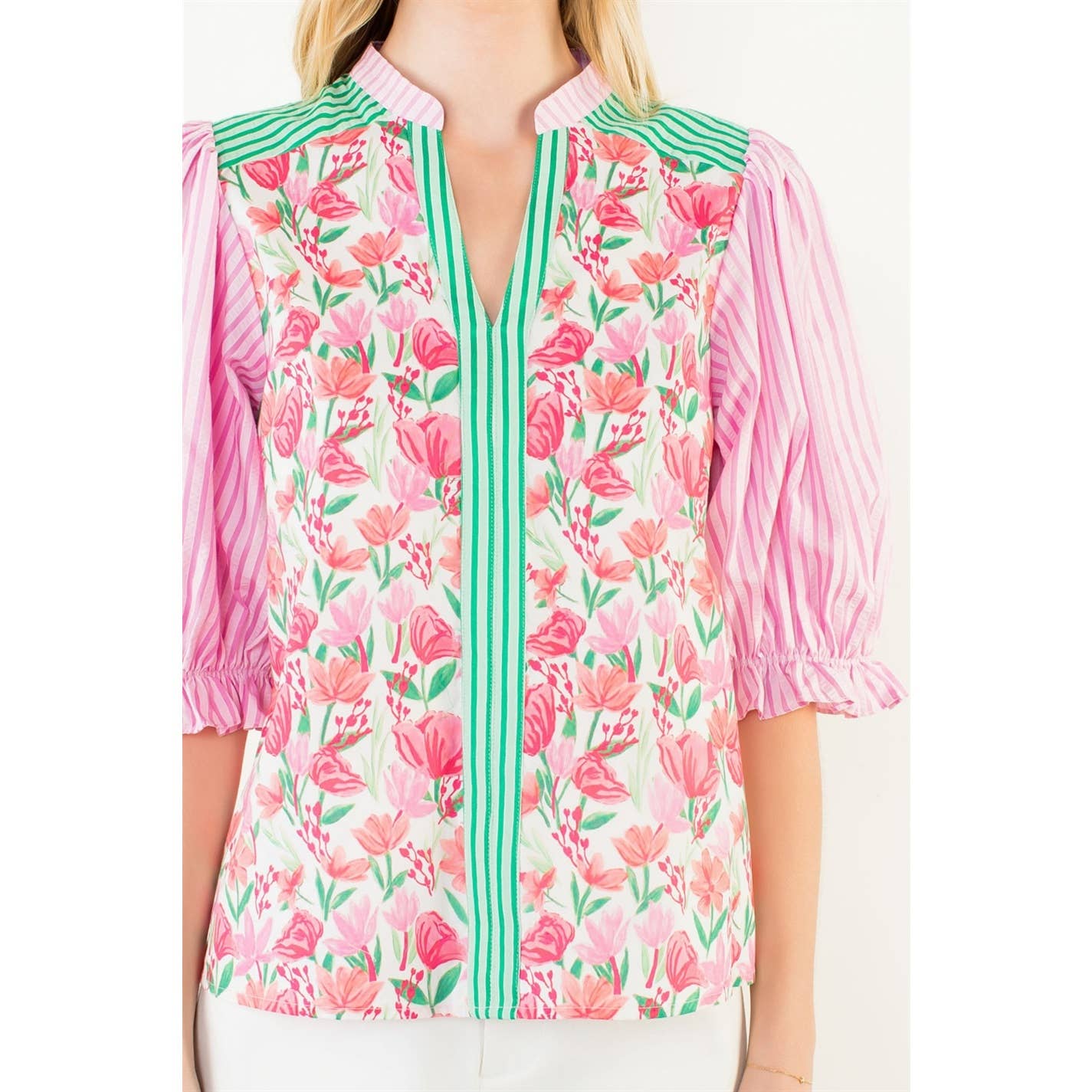 Short Sleeve Mixed Media V-Neck Top