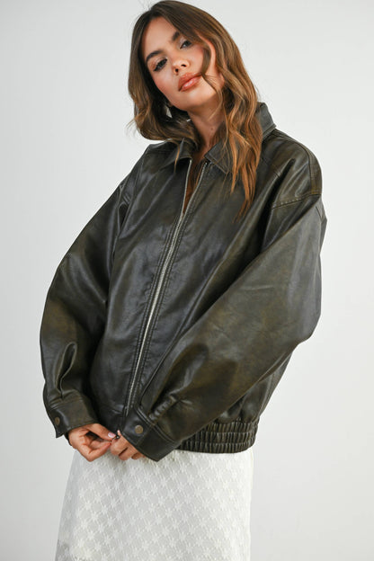 Collared Zip-Front Leather Jacket